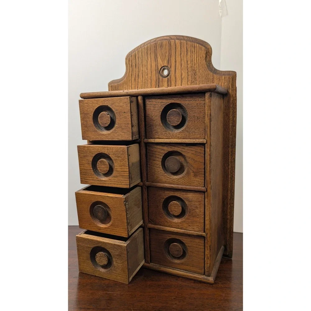 Antique Primitive Oak Wood Wall Spice Cabinet 8 Drawer Hanging Rack 16x11